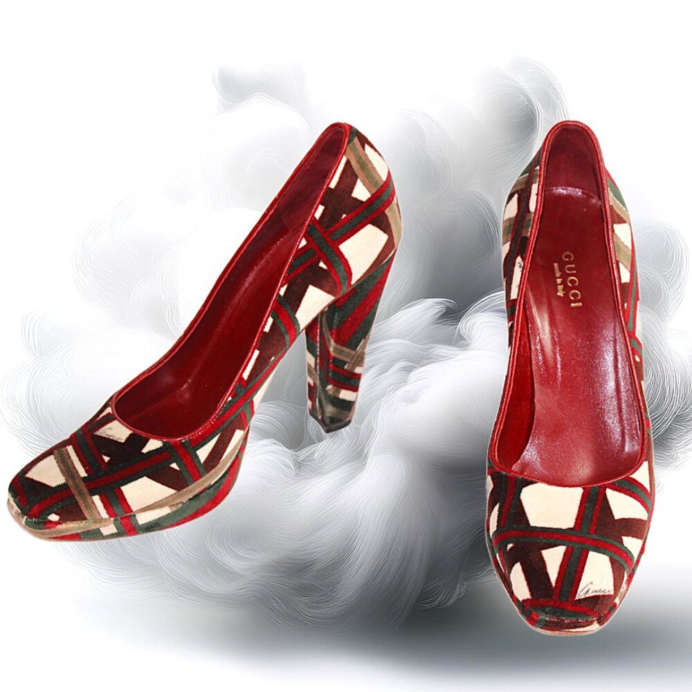 Gucci Velvet Geometric Cream Maroon Green Signed Platform Pumps, Size 6 - Picture 7 of 14